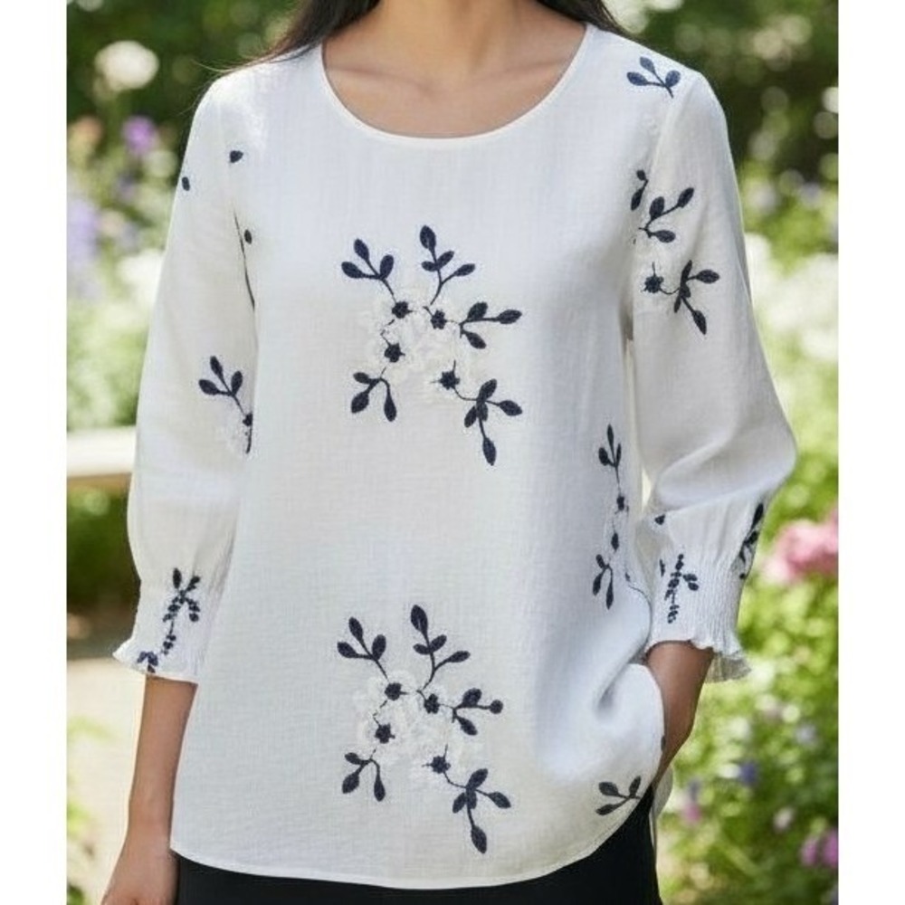 Kindred L White Embroidered Peasant Blouse Anthropologie Boho Cottagecore Top